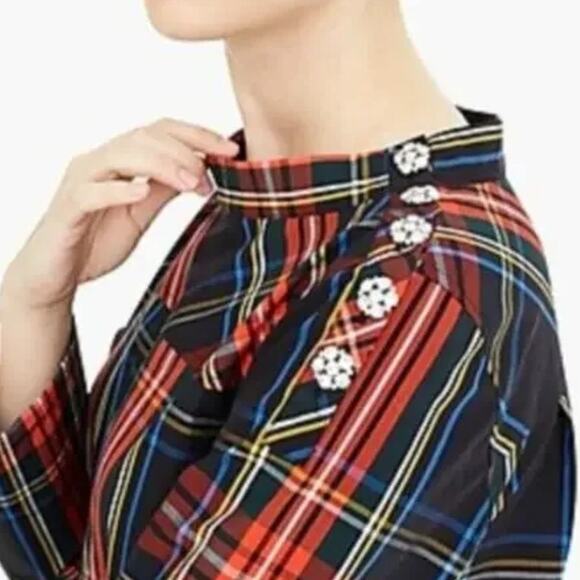 J. Crew Funnel Neck Jeweled Button Tartan Red and Black Plaid Top Size 2 - Picture 2 of 4